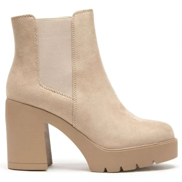 New Beige Wheat Chelsea Elastic Platform Chunky Heel Ankle Boots Booties - Picture 1 of 3